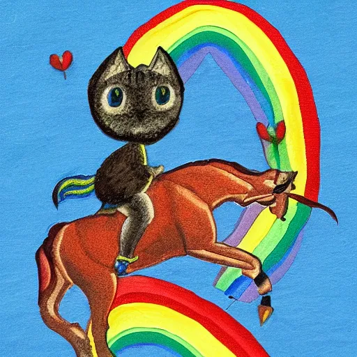 Image similar to a rainbow cat riding a horse