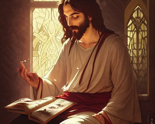 Prompt: photography of jesus christ sitting on a toilet reading manga, deep focus, d & d, fantasy, intricate, elegant, highly detailed, simple background, digital painting, artstation, concept art, matte, sharp focus, illustration, hearthstone, art by artgerm and greg rutkowski and alphonse mucha