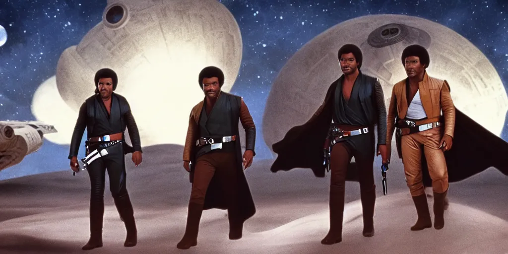 Image similar to screenshot of portrait Han Solo, Lando Calrissian and Luke Skywalker standing on an surreal minimalist a planet of maelstrom, the world without form, 1970s film by Stanley Kubrick, iconic scene, stunning cinematography, octane render, hyper-detailed, sharp, anamorphic lenses, kodak color, 4k, stunning