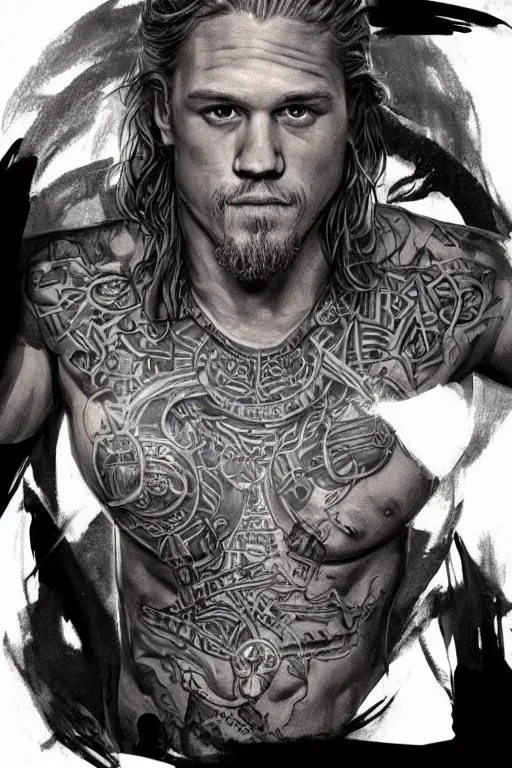 Image similar to Photorealistic Portrait of frontal standing pose torso of a very attractive buffed Jax Teller heavily tattooed. surrounded by magic lightings overlays, Intricate, concept art, magic lighting overlays, magical portal opened, D&D!, fantasy style, sharp focus!, ultra detailed, art by Artgerm and Peter Andrew Jones, WLUP, Magali Villeneuve