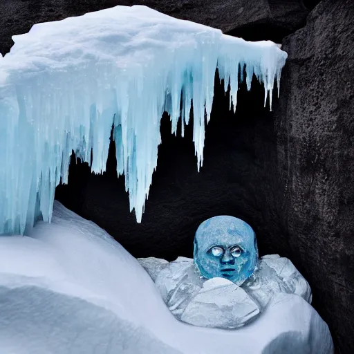 Image similar to A golem made of ice sleeping in a cave in Antarctica