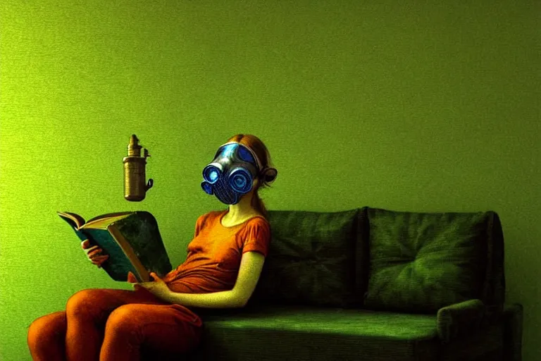 Image similar to girl with wearing a gas mask lying on the sofa reading a book in her room, in the style of beksinski, solarpunk, atmospheric, intricate and epic composition, green by caravaggio, insanely quality, highly detailed, masterpiece, blue light, artstation, 4 k, ultra clean render