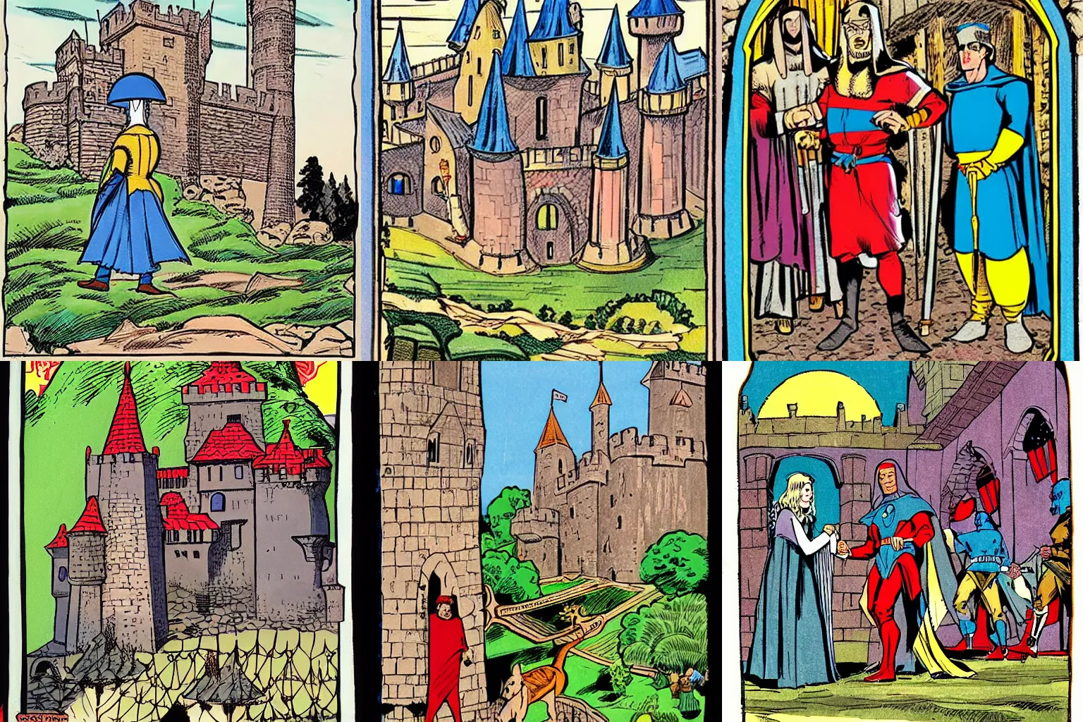 Prompt: medieval castle, colored, by Gil Kane