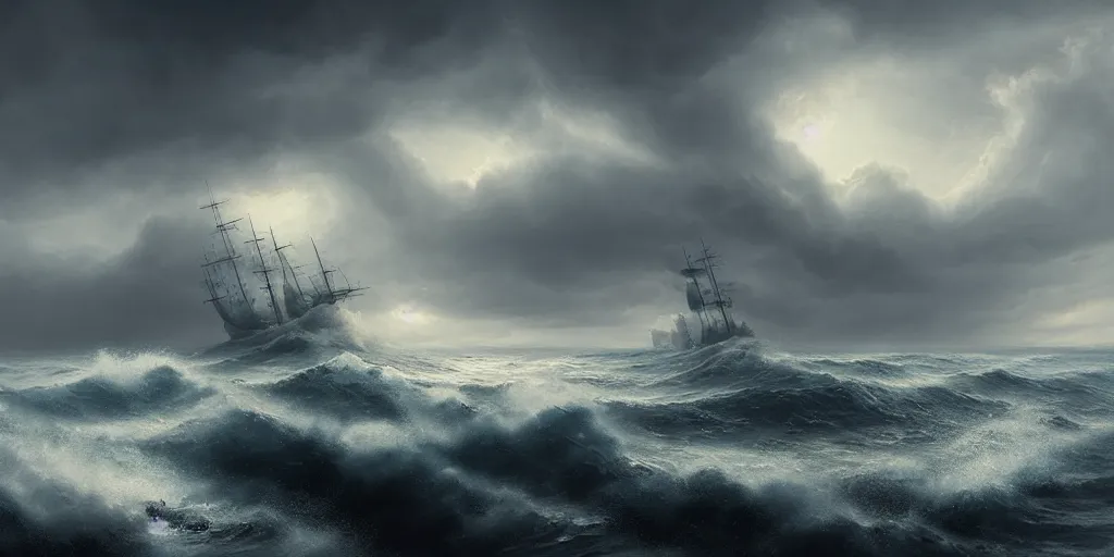 Prompt: a detailed beautiful matte painting of a ship on a stormy ocean by Mikko Lagerstedt and Raphael Lacoste