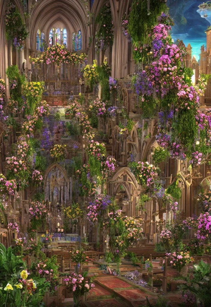 Prompt: a church filled with lots of plants and flowers, a detailed matte painting by david lachapelle, unsplash contest winner, maximalism, sanctuary, made of flowers, ornate, rendered in unreal engine