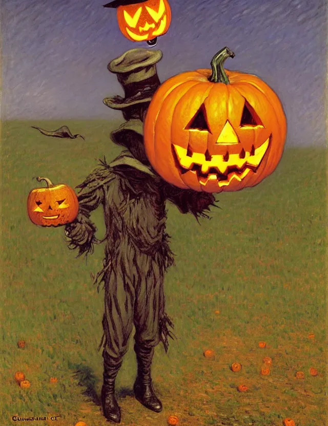 Prompt: a scarecrow with a jack - o - lantern head, holding a lantern, as a matte oil painting and d & d character art, by gustave caillebotte, standing, fullbody, flying bats, loose pages, concept art, award - winning, extremely detailed, sharp focus