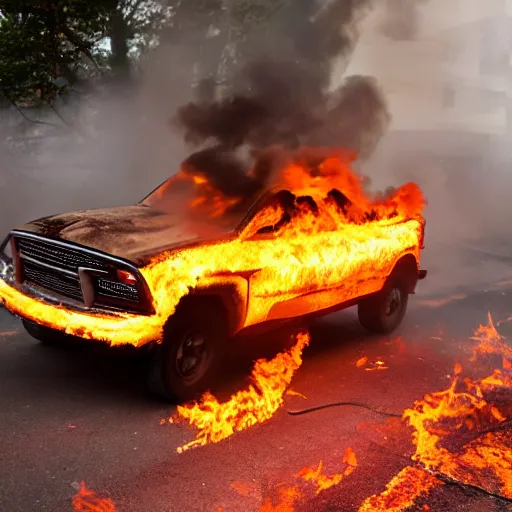 Image similar to photograph of a rusty dodge ram on fire in the street