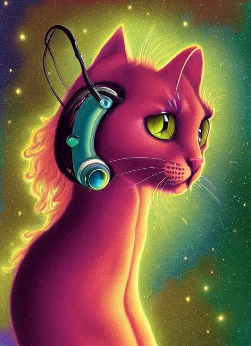 Prompt: cat seahorse fursona wearing headphones, autistic bisexual graphic designer, long haired attractive androgynous humanoid, coherent detailed character design, weirdcore voidpunk postminimalism digital art by delphin enjolras, leonetto cappiello, louis wain, furaffinity, cgsociety, trending on deviantart