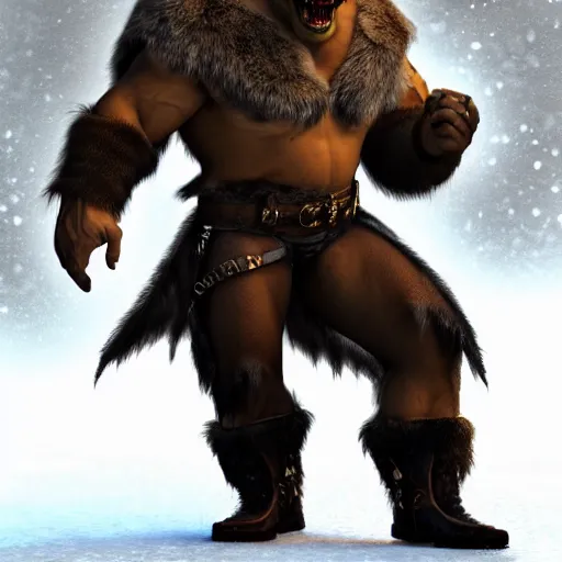 Image similar to A full body shot of a handsome orc looking into the camera wearing a fur jacket and boots, full body shot, artstation, realistic, highly detailed, symmetrical, hyper realism, high detail, octane render, unreal engine, 8k, fantasy art, highly detailed, concept art