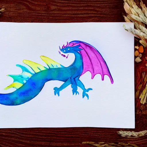 Prompt: mystical pastel dragon, minimalist watercolor on white paper, cute