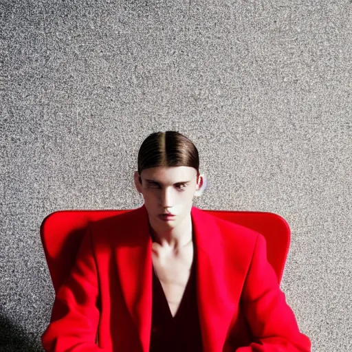 Prompt: close up of face of fashion model sitting on red chair, official jil sander editorial