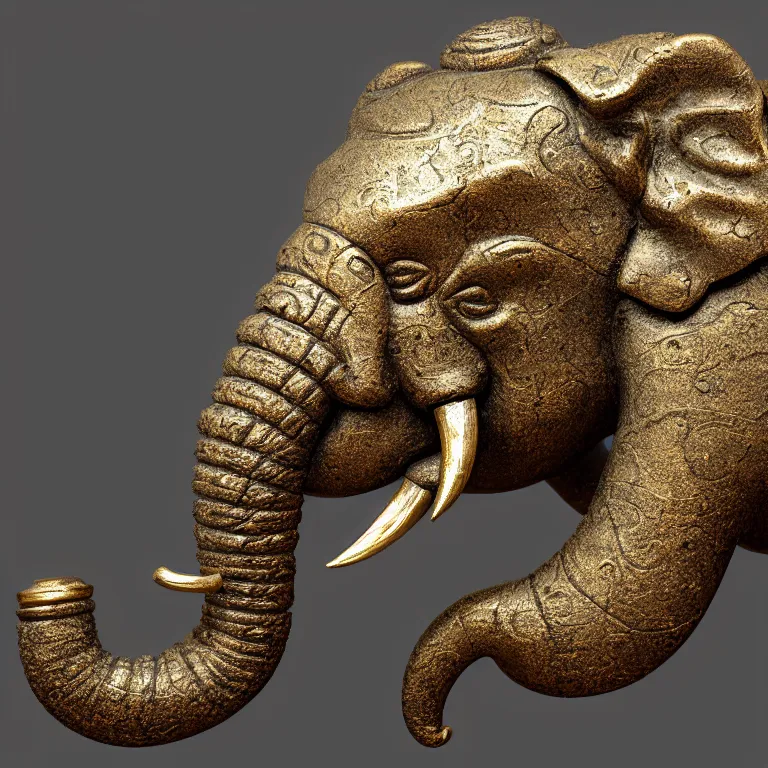 Image similar to highly detailed ancient artifact depicting an elephant made of bronze and ivory and encrusted with precious jewels, patina, ethereal, esoteric, zbrush sculpt, octane render, intricate, ornate, cinematic lighting