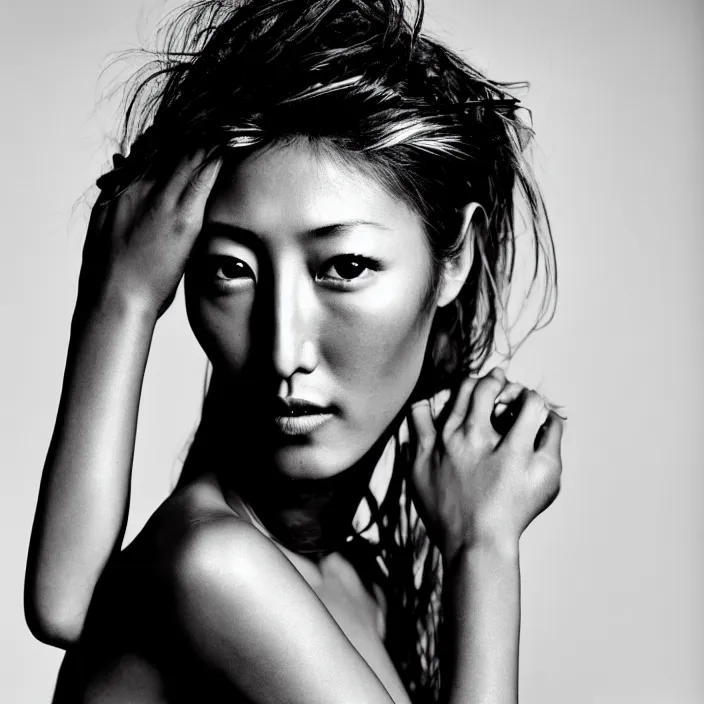 Prompt: young beautiful woman dichen lachman, gorgeous face, black and white photography portrait, skin grain detail, high fashion, full - body, 8 k,, ultra sharp focus, photography by richard avedon, and paolo roversi and nick knight, and hellmut newton, studio lighting film noir style