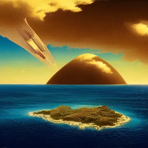 Prompt: beautiful matte painting of golden shores of a blue dreamy ocean, heavenly island in the clouds floating above the ocean, spaceship flying by, towering mountains emerging from the ocean, sci - fi, daylight, blue sky, cinematic lighting, cinematic perspective, album cover art, syd mead, john harris, federico pelat