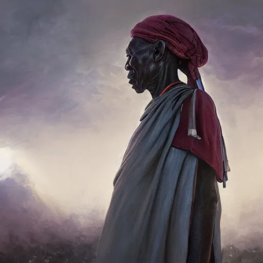 Image similar to a painting of a wise elder from Kenya. dramatic angle, ethereal lights, details, smooth, sharp focus, illustration, realistic, cinematic, artstation, award winning, rgb , unreal engine, octane render, cinematic light, macro, depth of field, blur, red light and clouds from the back, highly detailed epic cinematic concept art CG render made in Maya, Blender and Photoshop, octane render, excellent composition, dynamic dramatic cinematic lighting, aesthetic, very inspirational, arthouse.