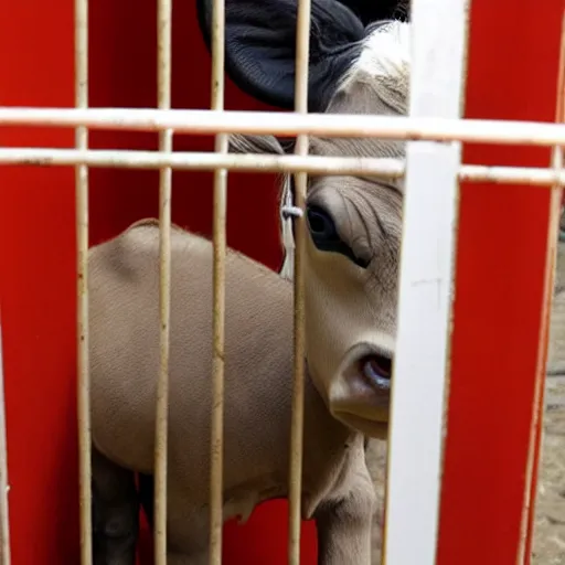 Image similar to cute calf dressed as an inmate behind bars