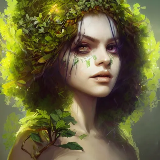 Image similar to nott as a dryad, her skin are yellow leaves portrait, highly detailed, headshot, digital painting, trending on artstation, concept art, sharp focus, illustration, art by artgerm and greg rutkowski and magali villeneuve