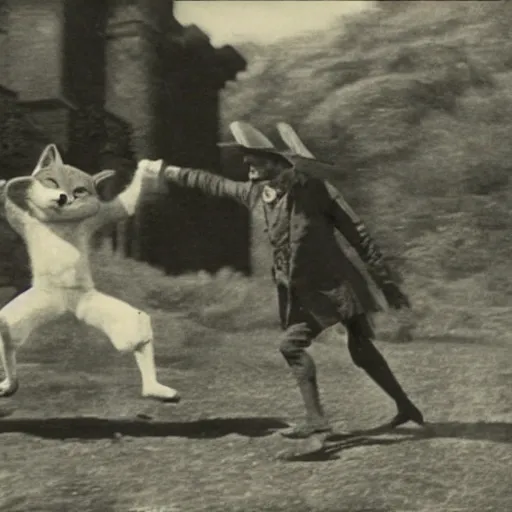 Prompt: anthropomorphic fox man fights in front of a castle, 1910s film scene