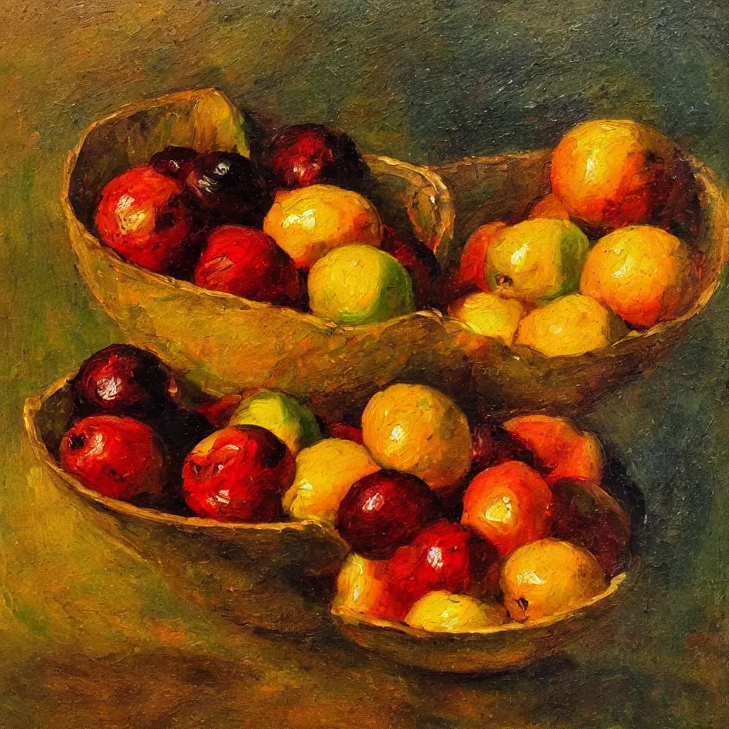 Prompt: Beautiful dramatically lit bowl of fruit painted in the style of the old masters, painterly, thick heavy impasto, expressive impressionist style, painted with a palette knife