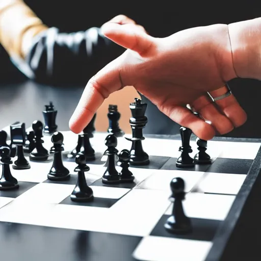 Prompt: photo of a robot hand grabbing and pinching a humans hand over a championship chess board