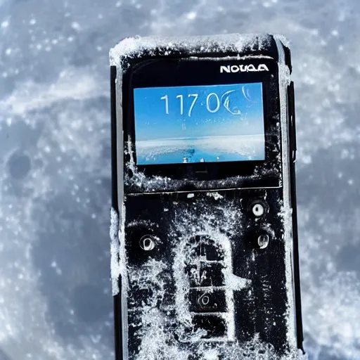 Image similar to a nokia phone, frozen in ice on the surface of the moon