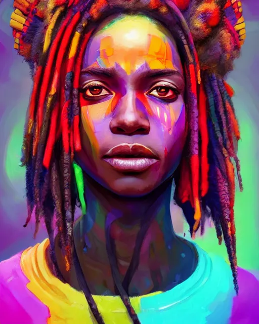 Image similar to colorful character portrait of a black female hippie, set in the future 2 1 5 0 | highly detailed face | very intricate | symmetrical | cinematic lighting | award - winning | painted by mandy jurgens | pan futurism, dystopian, bold colors, cyberpunk, groovy vibe, anime aesthestic | featured on artstation