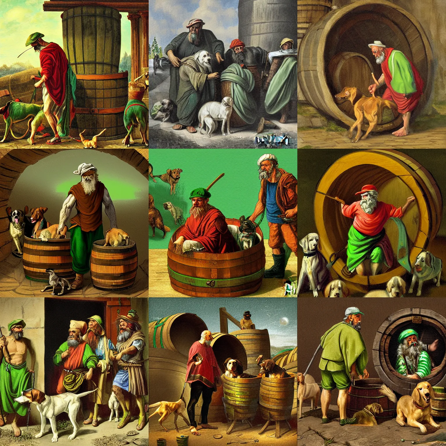Diogenes in his barrel, bright green cap hat, with | Stable Diffusion ...