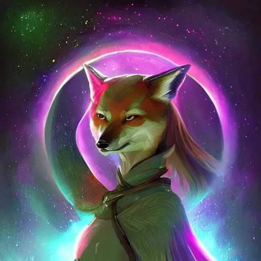 Image similar to a stylized portrait for an avatar of an awesome cosmic powerful anthropomorphic foxfolk mage themed around death and the stars and the cosmos, in the style of dnd beyond avatar portraits, beautiful, artistic, elegant, lens flare, magical, lens flare, nature, realism, stylized, art by jeff easley