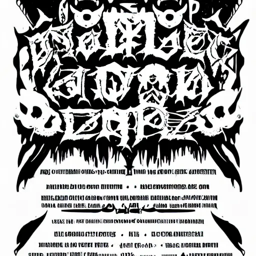 Prompt: black metal concert flyer, black metal logos, unreadable, 3 band lineup