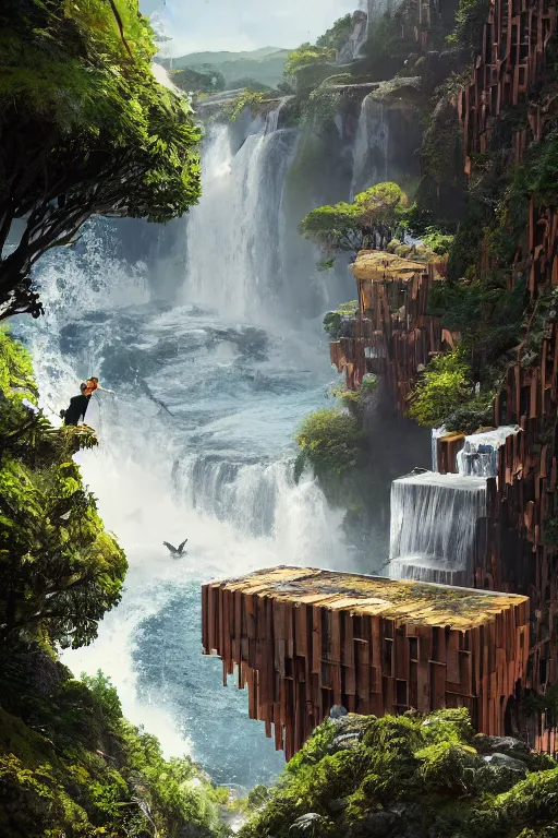 Prompt: an awesome sunny day environment concept art on a cliff with huge waterfalls, nature meets architecture by kengo kuma and wes anderson with village, residential area, mixed development, highrise made up staircases, balconies, full of glass facades, cgsociety, fantastic realism,, artstation hq