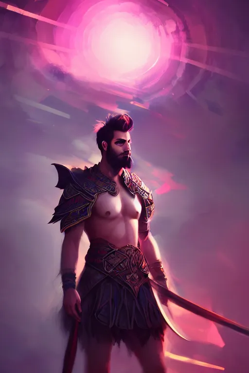Prompt: a handsome warrior look back after shooting, blurred environment background, colorful magic effects, white skin, portrait, male, clothed, sharp focus, digital art, concept art, trending on artstation, dynamic lighting, by emylie boivin and rossdraws