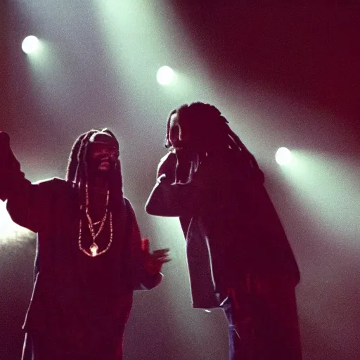 Prompt: a dramatic photograph of snoop dog and bob marley in concert in an infinite universe of mystical light, ground haze, dramatic lighting, filmic, cinematographic, sci - fi