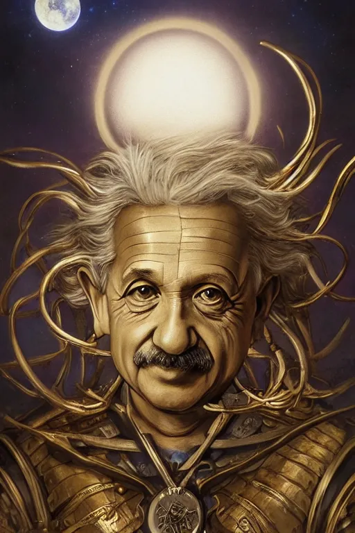 Prompt: breathtakingly beautiful painting of albert einstein in gold armor, moonlit sky, matte painting by brian froud, shaun tan, wlo and peter mohrbacher, highly detailed, intricate,, award winning artwork, trending on artstation, high quality printing, fine art with subtle redshift rendering