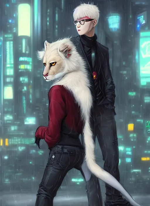 Image similar to award winning beautiful portrait commission art of a male furry anthro albino mountain lion fursona with a tail and a cute beautiful attractive detailed furry face wearing black stylish cyberpunk pants, black stylish cyberpunk boots, red cyberpunk vest in a cyberpunk city at night while it rains. Character design by charlie bowater, ross tran, artgerm, and makoto shinkai, detailed, inked, western comic book art