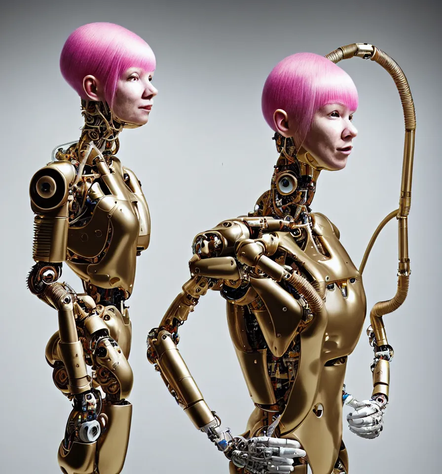 Image similar to portrait of a futuristic cyborg robot wearing a gold pipes fitted beauty mask and pink hair buns, wearing a black bodysuit by alexander mcqueen, cream white background, perfectly symmetric, soft diffused light, biotechnology, humanoid robot, hanging electrical cables and pipes, bjork aesthetic, translucent, by rineke dijkstra, intricate details, highly detailed, masterpiece,