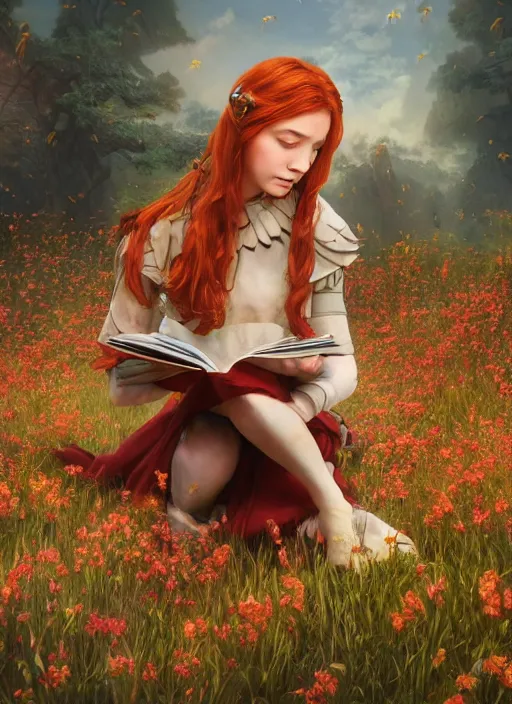 Image similar to An epic fantasy comic book style portrait painting of a young red headed girl reading a book in a field of flowers surrounded by bees in the style of the wheel of time, unreal 5, DAZ, hyperrealistic, octane render, cosplay, RPG portrait, dynamic lighting