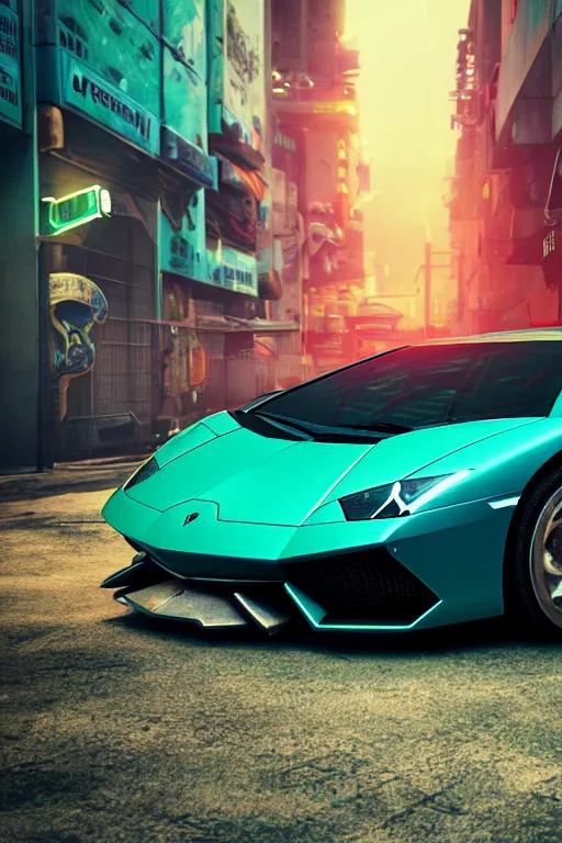 Prompt: insanely moody cinematic render of a lamborghini on cyberpunk city, teal and orange colors, vaporwave, photorealism, cinema still, photography, octane 3 d, vray render, insane details, 8 k high definition, artstation