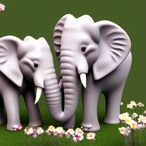 Image similar to ultra - realistic 3 d render of porcelain mother elephant and child elephants infected with flowers, beautiful, elegant
