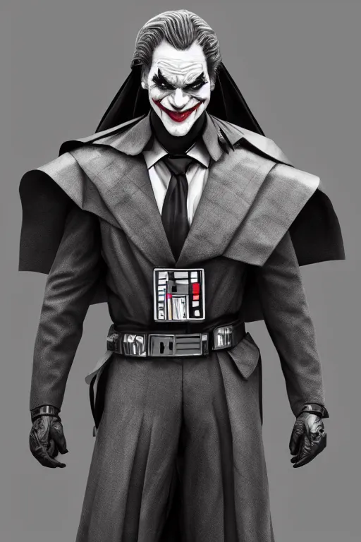 Prompt: Joker dressed in vader's armor, cosplay, full character, artstation, highly detailed, highly realistic