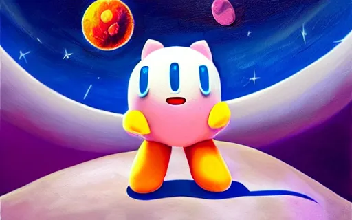 Prompt: mascot character Kirby on the moon, oil painting on canvas, 8k, highly detailed, soft lighting