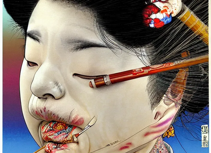 Prompt: a portrait of a crackhead geisha puffing on a crack pipe, psychedelic, by takehiko inoue and kim jung gi and thomas kinkade, masterpiece illustration, realistic face and anatomy