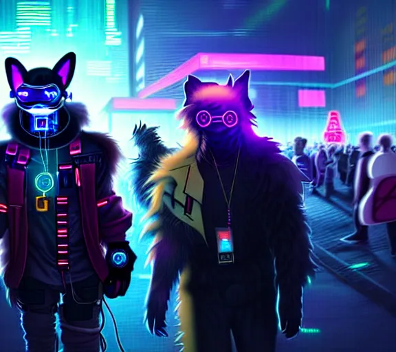 Image similar to high - resolution photograph from a cyberpunk era furry fandom convention ( midwest furfest 2 0 4 7 ), taking place after the genetic revolution and quantum singularity. photorealistic.