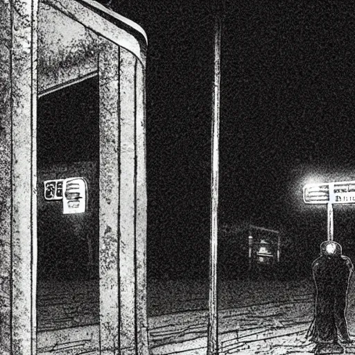 Prompt: a some people waiting in a lone bus stop in quiet dark city night, high quality, high resolution,detailed, from silent hill games