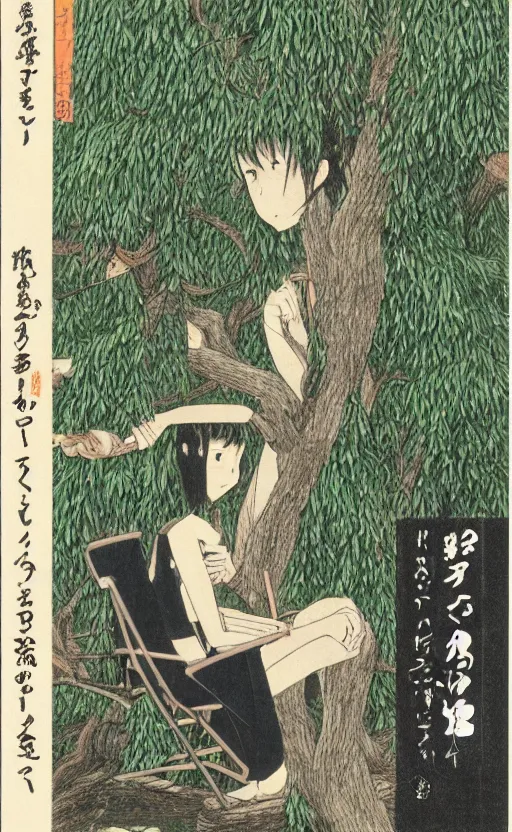 Image similar to by akio watanabe, manga art, a male writer sitting on chair with short hair, willow tree and hill, trading card front, kimono, realistic anatomy, sun in the background