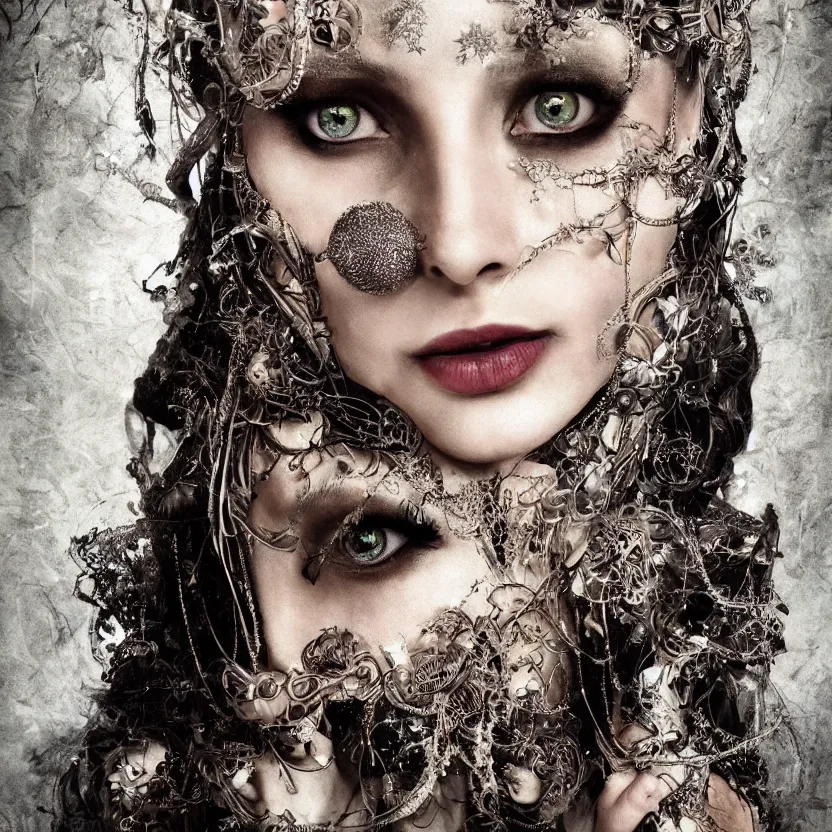 Image similar to mindblowing portrait of the enchantress queen, a stunning timeless beauty, breathtaking eyes, perfect skin, feathered eyelashes, royal gothic dress with a lot of leather, heavy silent hill aesthetic, incredibly intricate, digital art, blender, houdini & photoshop, very elegant & complex, hyper-maximalist, overdetailed, epic cinematic quality, biblical art lighting, photorealistic, lifelike, OLED, DSLR HDR 8k, face is the focus, facial feature symmetry, hyper composed, created by Nixeu & z--ed from deviantart