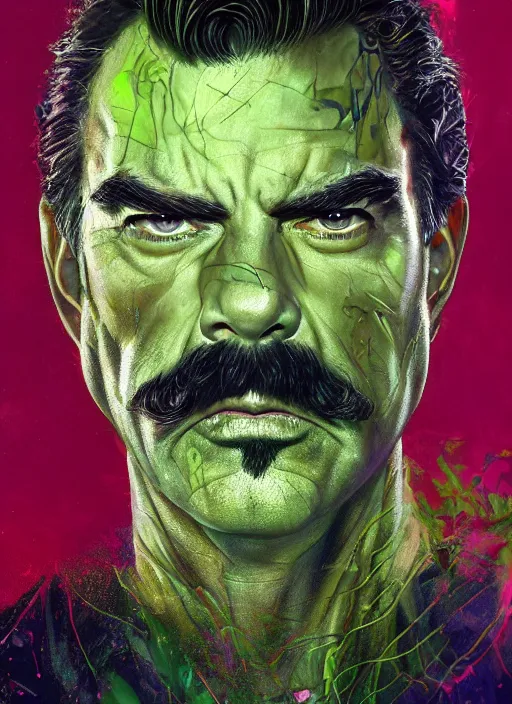 Image similar to a demon slayer portrait of tom selleck, tall, pale - skinned, slender with lime green eyes and long eyelashes by stanley artgerm, tom bagshaw, arthur adams, carne griffiths, trending on deviant art, street art, face enhance, chillwave, maximalist, full of color, glittering