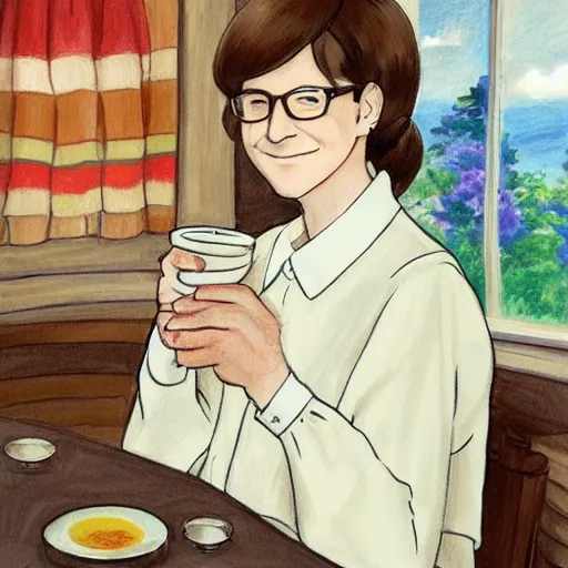 Image similar to drawing of Bill Gates crossdressing in linen dress while drinking tea, in the style of studio ghibli and Konstantin Razumov, fine details, high quality