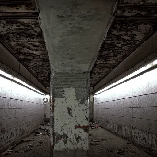 Prompt: color photo of an abandoned art deco subway station