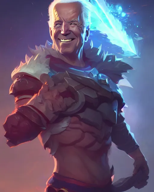 Prompt: joe biden as a league of legends champion, medium shot close up, details, sharp focus, illustration, by jordan grimmer and greg rutkowski, trending artstation, digital art