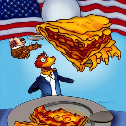 Image similar to Garfield eating lasagna on 9/11 while flying a gadsden flag, in the style of beksinki, hyperrealistic, photorealistic, ultra hd, digital illustration, concept art, award-winning, highly detailed, 4k, satanic, dark, evil, dungeons and dragons